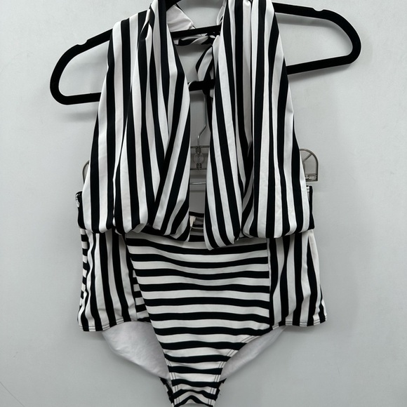 COCOSHIP striped black-white halter tie one piece contemporary swimsuit. 3XL - Picture 2 of 9